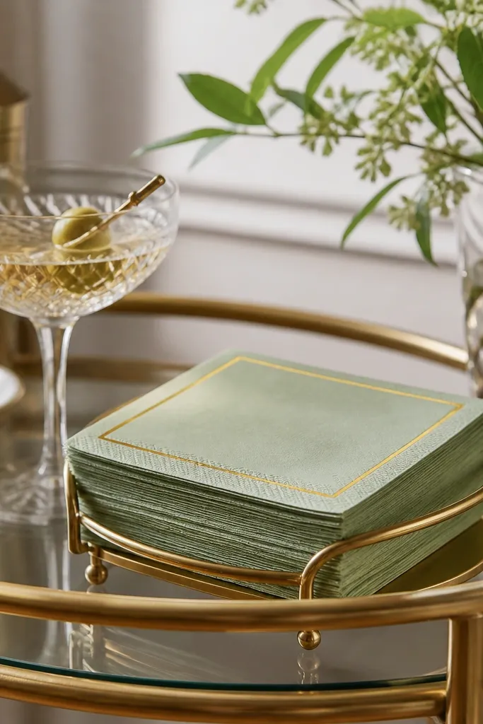 Cocktail napkins in sage green with a thin gold foil border. They're stacked in a gold-rim holder near the bar cart.