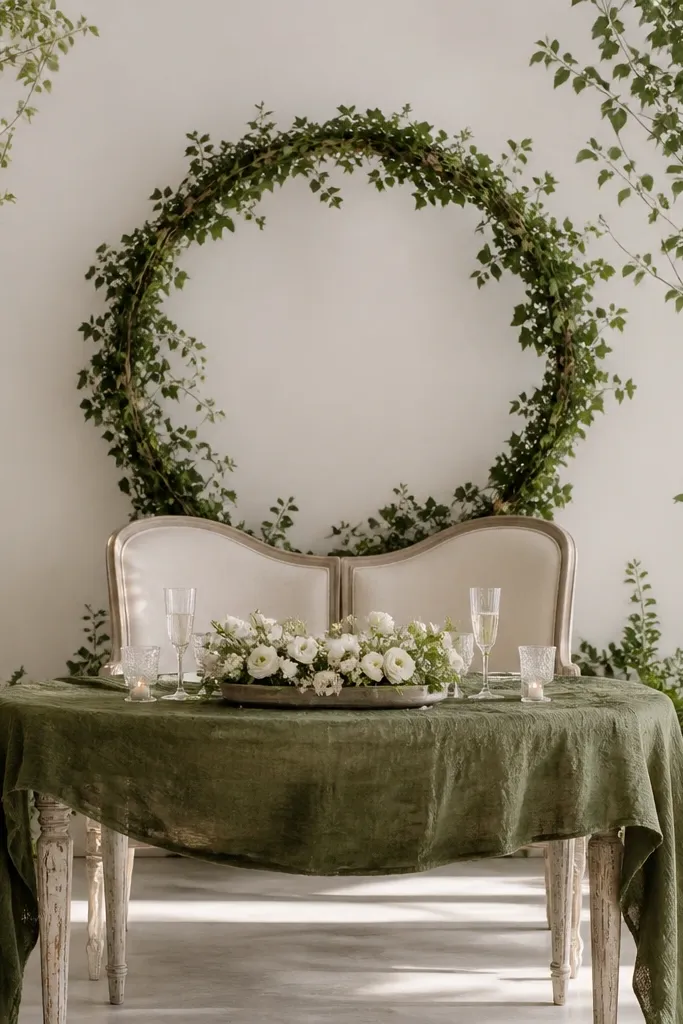 The sweetheart chair has a circular ivy wreath attached behind the backrest. The table runner looks like moss or deep green fabric, and small cream flowers sit in a low tray.