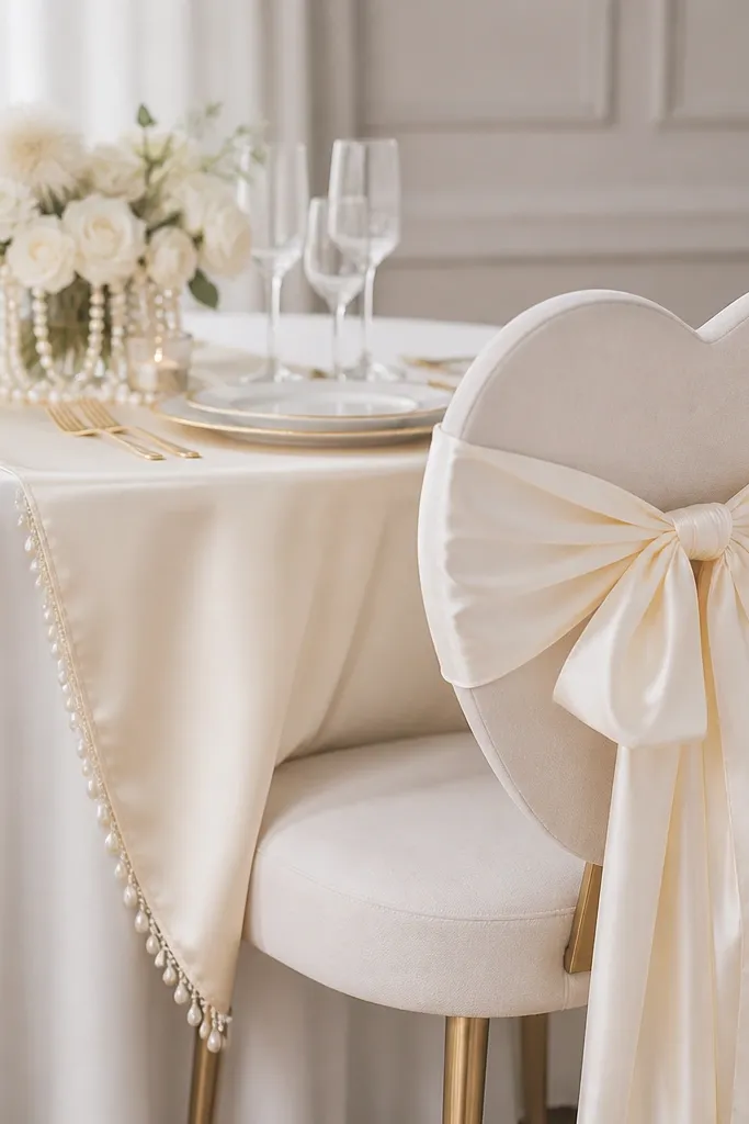 The sweetheart chair back is tied with a big ivory satin bow. The table has a runner with a soft pearl-bead fringe along one edge, and the centerpiece is a small arrangement with pearls and white flowers.