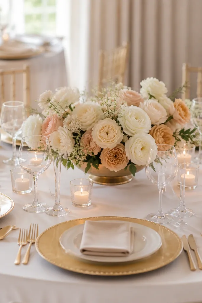 Champagne-gold chargers sit under the table styling area. A low floral tray in the center holds cream and peach flowers. Small tea lights sit in clear cups around the tray.