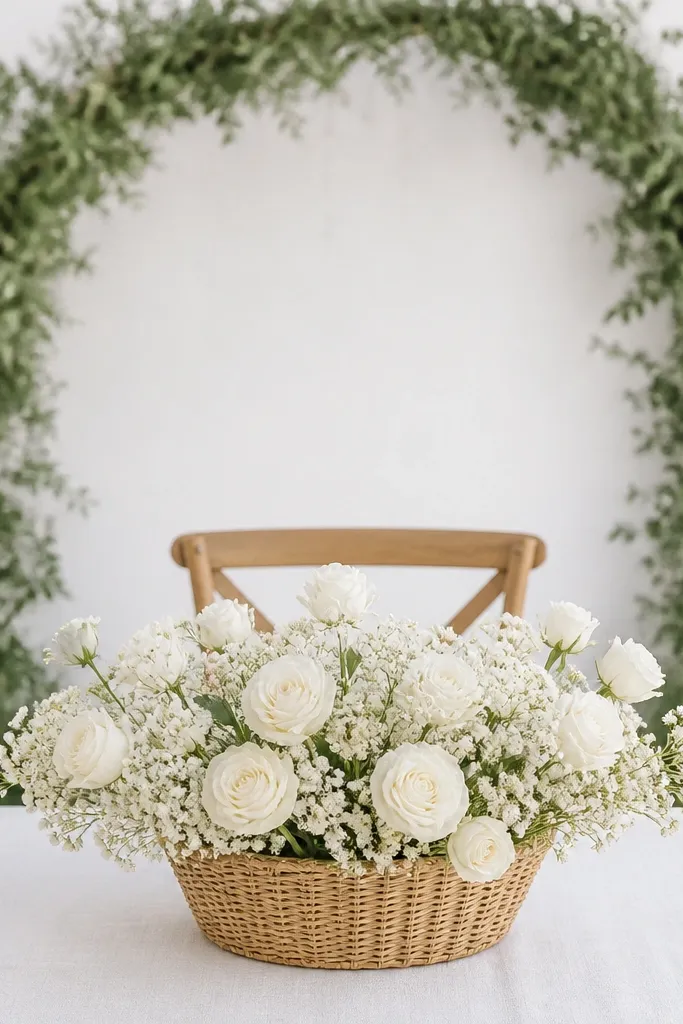 A woven rattan basket sits centered on the table with white roses and baby's breath filling it. The backdrop is a simple greenery arch behind the chair. The table runner is white linen.