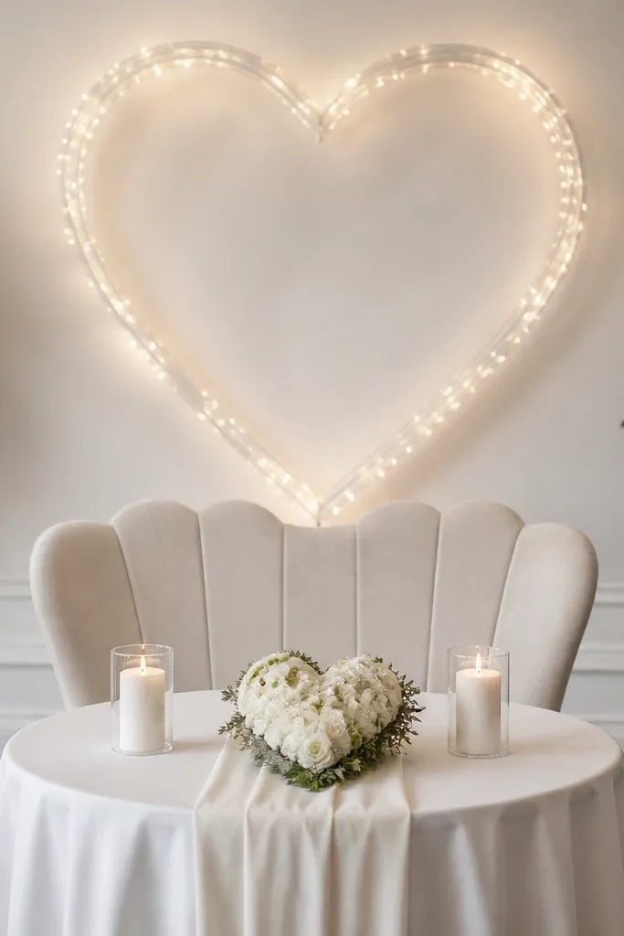 Behind the sweetheart chair, a clear acrylic heart frame is mounted to a wall. Micro fairy lights wrap around the frame. The table has an ivory runner, a small heart-shaped floral arrangement, and two white candles.