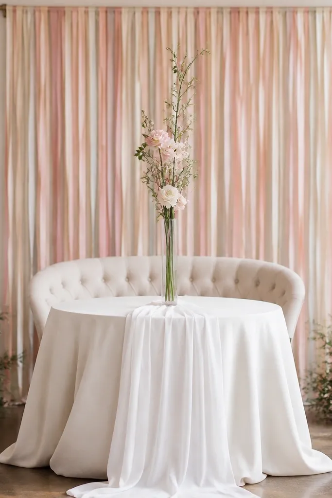 Behind the sweetheart chair, a curtain of pastel ribbons hangs from a simple rod, falling in thin strips. The table has a simple white runner and a single tall "flower wand" vase in the center with one long arrangement.
