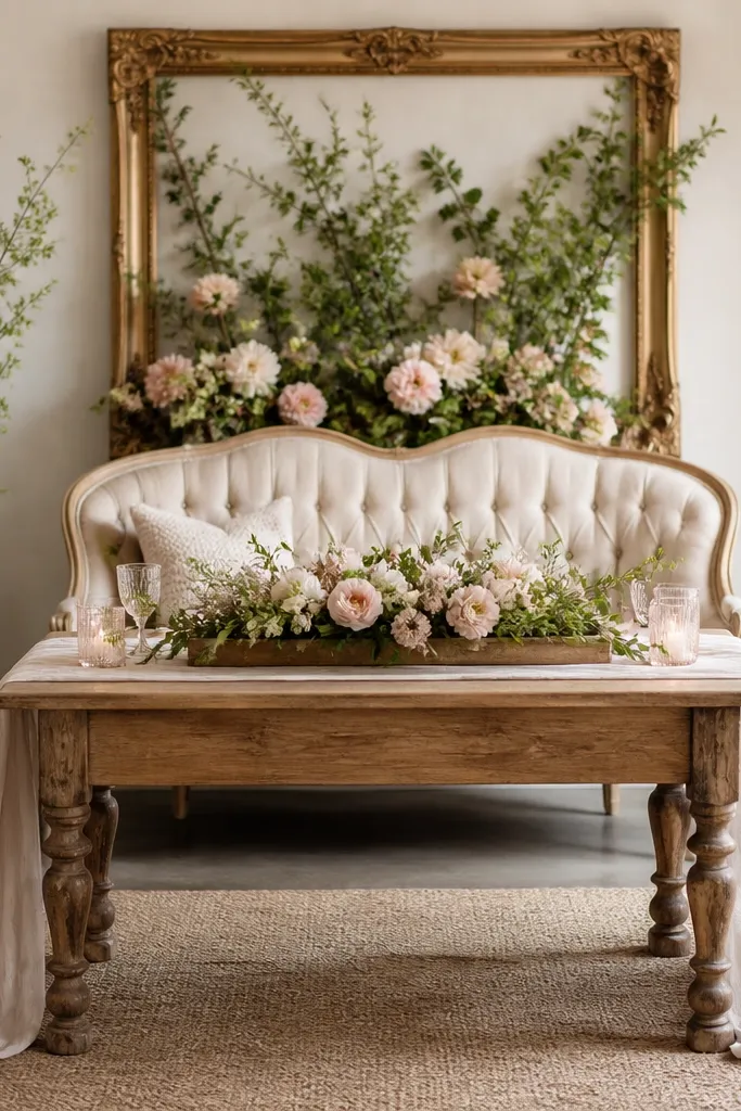 A large thrifted picture frame stands behind the sweetheart chair. Faux greenery and blush flowers are tucked into the frame opening like a living collage. The table has an ivory runner and a low tray centerpiece.