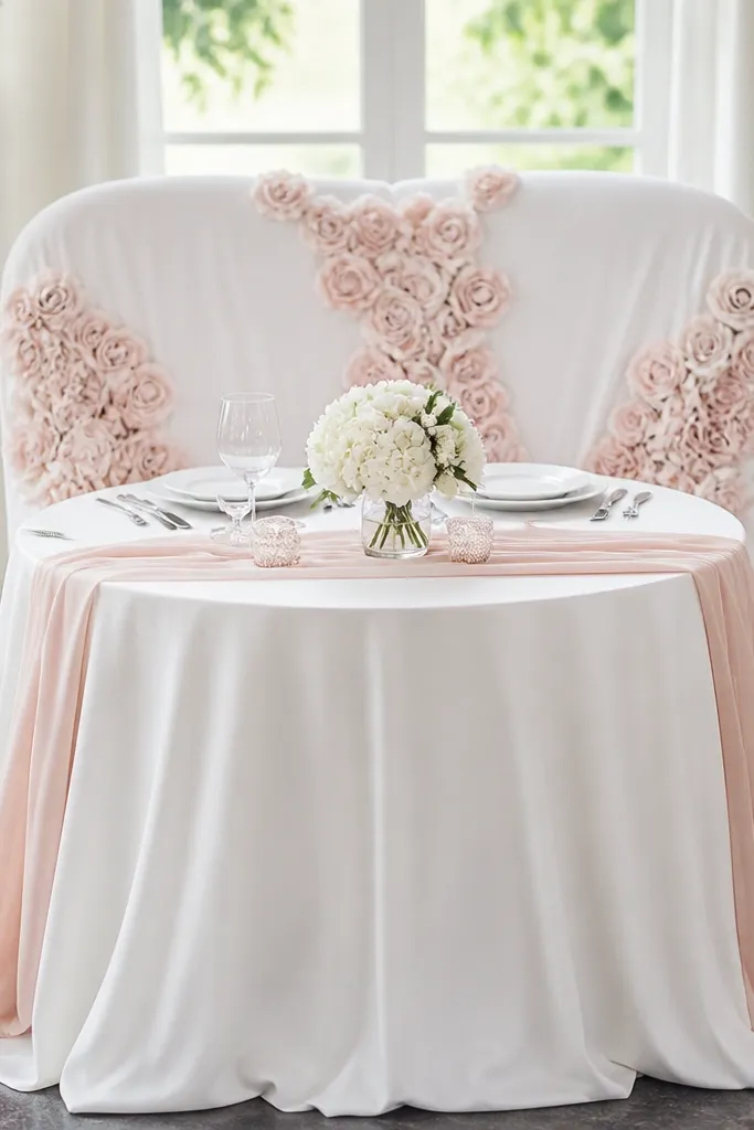 The sweetheart chair is covered in white fabric with blush rosette clusters attached at the back. The table has a blush runner and a small arrangement of white flowers in a simple vase.