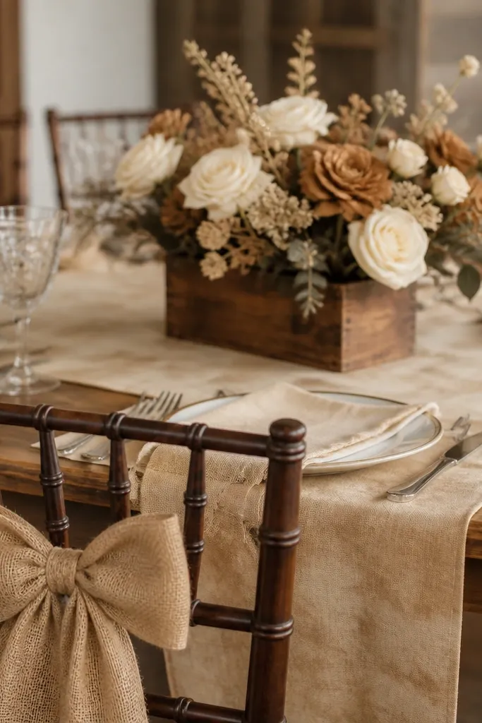 The table has a tea-stained or warm beige runner with a subtle vintage look. Caramel and cream flowers fill a small wooden box centerpiece. The chair back has a burlap bow accent.