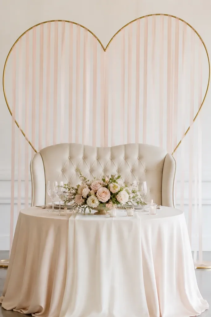 Behind the sweetheart chair, a gold wire heart balloon stand is planted in a weighted base. Blush ribbon streamers hang down around it. The table has an ivory runner and a small floral arrangement in blush and cream.