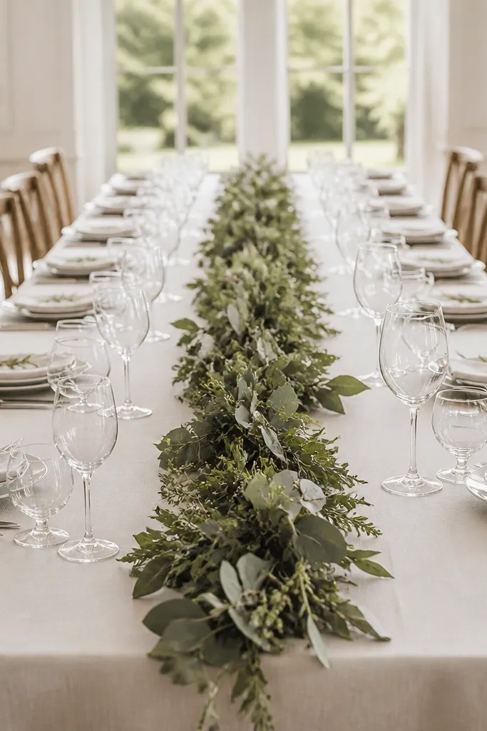 A long table with a narrow greenery runner down the center. The greenery forms a gentle arch shape, leaving clear space on both sides for plates and glassware.