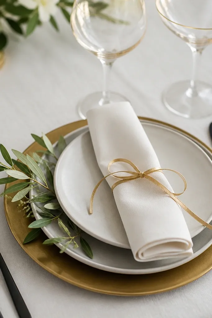 Close-up of a place setting: gold-rim stemware on top, matte black cutlery on a cream tablecloth, and a folded napkin tied with a thin gold ribbon. Small greenery sprigs sit between plates and chargers.