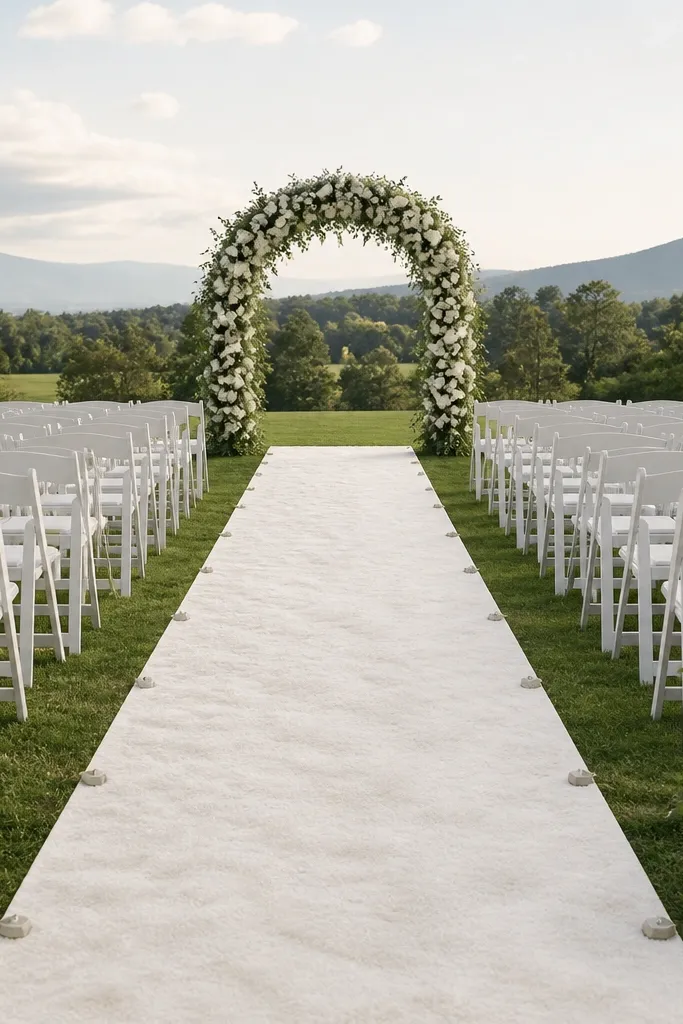 A white faux rug runner laid down the grass aisle with neat seams. The edges are held down with small weights, and the runner leads directly to a floral arch at the far end.