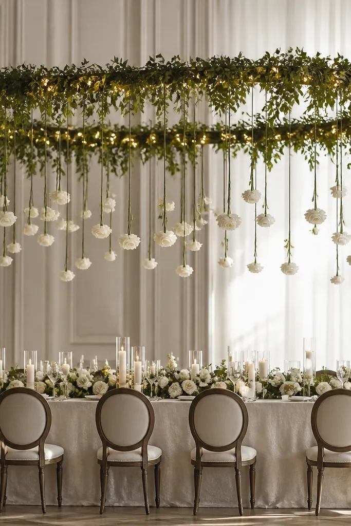 A ceiling-height floral halo above the head table made from greenery strands. Single stems of white flowers hang down in even spacing, with warm string lights around the edges.