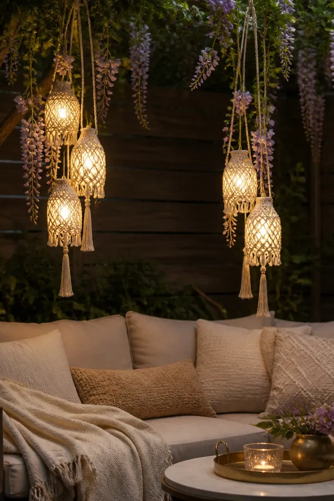 A backyard lounge corner with two macrame-style hanging lantern clusters. Each lantern is warm white (2700K) LED and suspended at different heights over a low seating area. Vines of faux wisteria wrap lightly around the cords, and the lanterns cast soft pools of light onto a cream sofa throw and a small round coffee table with a gold rim tray.