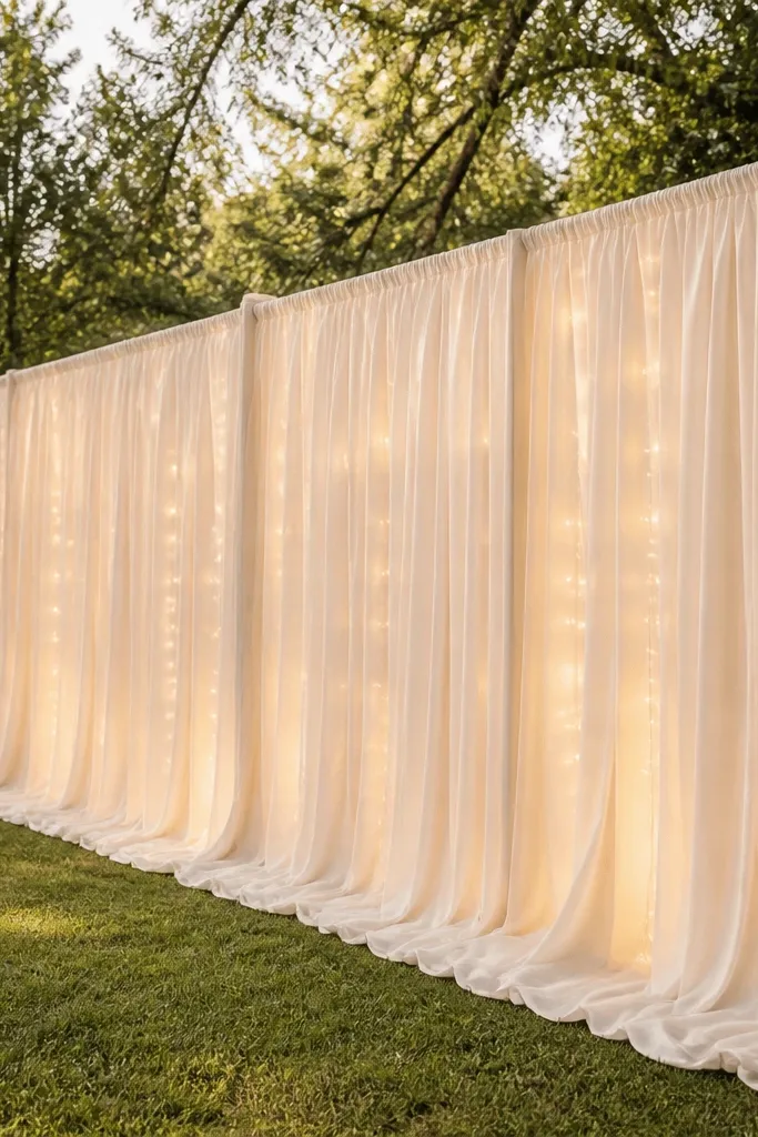 A long backyard wall of fabric draped across a simple frame. The fabric is ivory and has soft folds. Small warm bulbs are strung behind the backdrop, creating a halo effect.