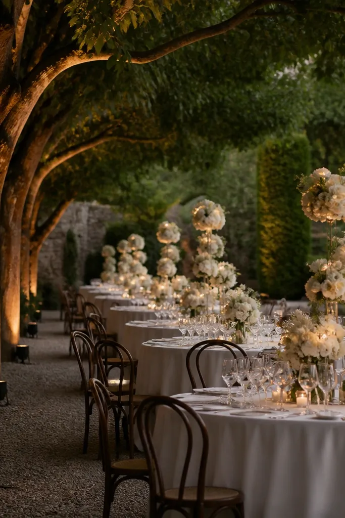 Matte black uplights placed at the base of trees glow upward. The tables have white linen cloths and centerpieces that step up in height like a ladder.