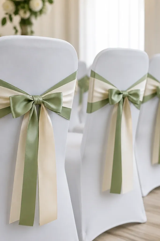 Wedding chairs covered in white fabric with two-color ribbon bands tied around the backs. The bows match perfectly and sit centered.