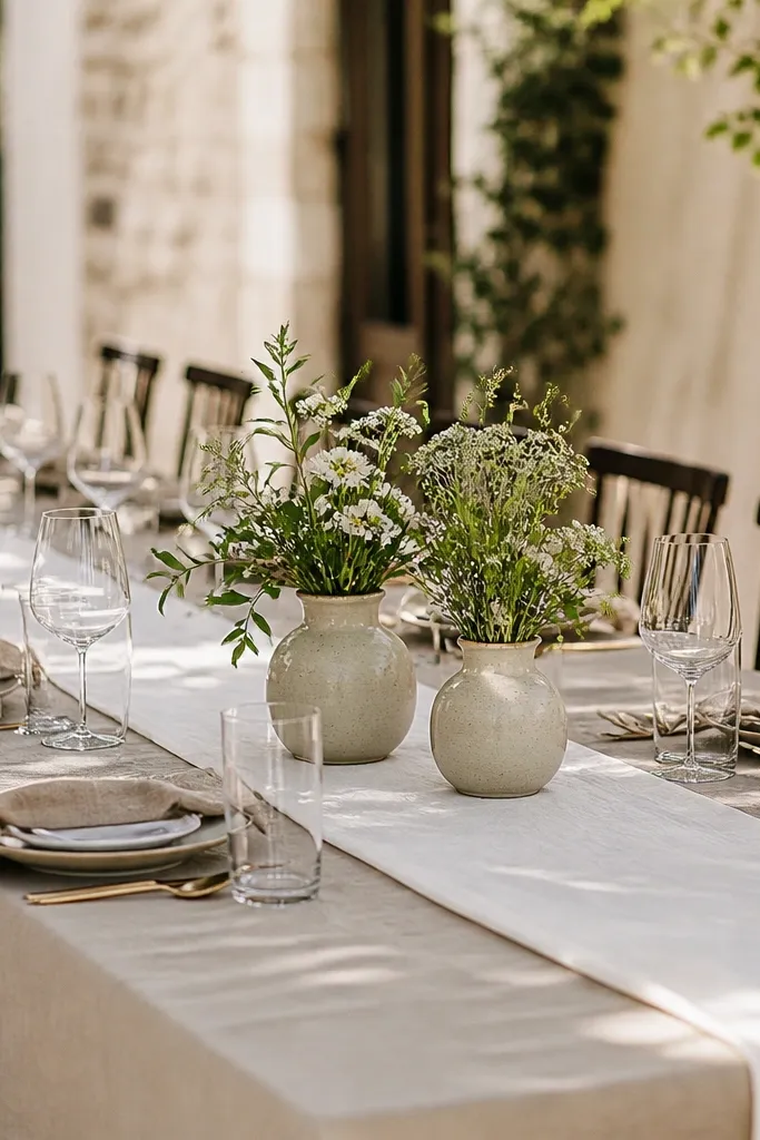 A long reception table with a narrow white runner on top of linen. Two matching vases sit near the center with small greenery and flowers.