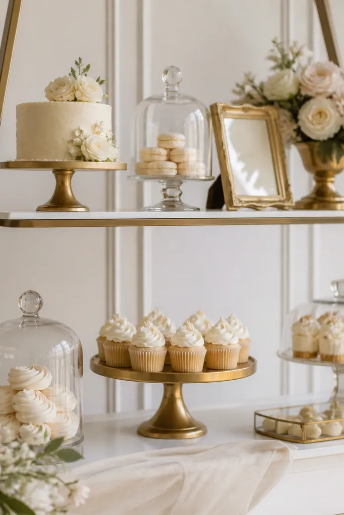 A two-level dessert table with a metal ladder stand. Matte gold cake stands and frames sit next to glass domes and cream-colored desserts.