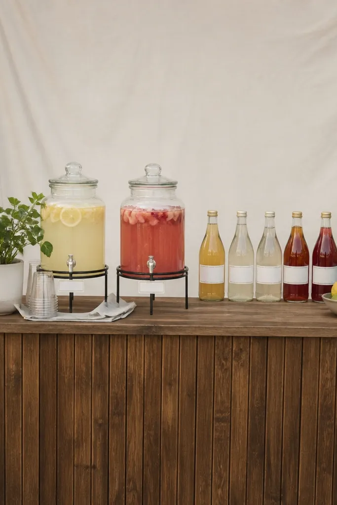 A backyard drink station with a plain backdrop sheet behind it, a neat row of bottles, and uniform label strips taped to containers.