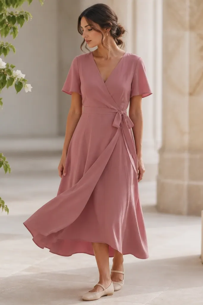 A woman wearing a dusty rose wrap midi dress with a V neckline and a tie waist. She has nude flats with a simple strap. The fabric looks matte and flowy, catching soft light like it moves easily in a breeze.