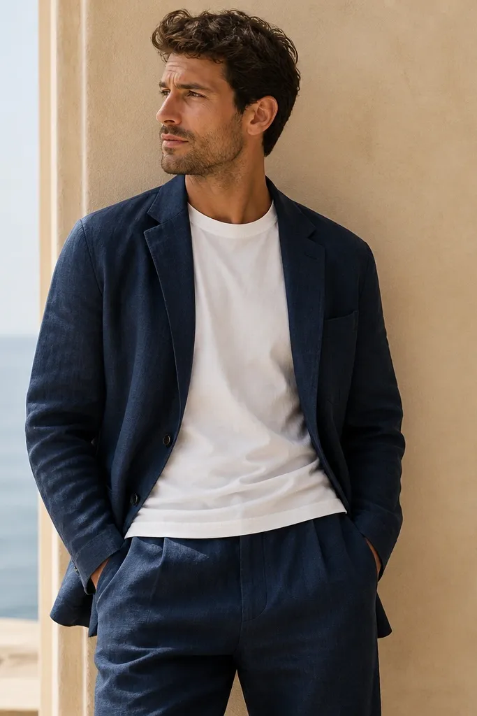 A navy linen blazer and matching trousers worn with a plain white tee underneath. The blazer is unbuttoned and the trousers look relaxed. The navy fabric has a visible linen texture.