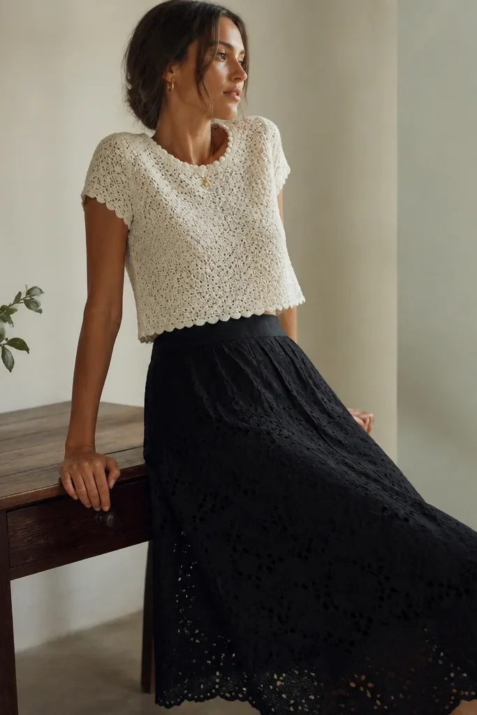 A black eyelet midi skirt paired with a white crochet top. The skirt has small cutout patterns and the top has visible crochet texture. The combination looks airy and slightly vintage.