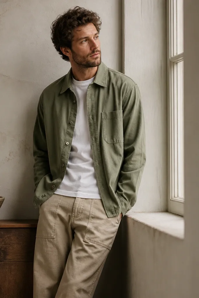 A man wearing a white crew tee under a sage overshirt, paired with stone-colored chore pants. The outfit looks casual but styled, with layered colors and relaxed silhouettes.