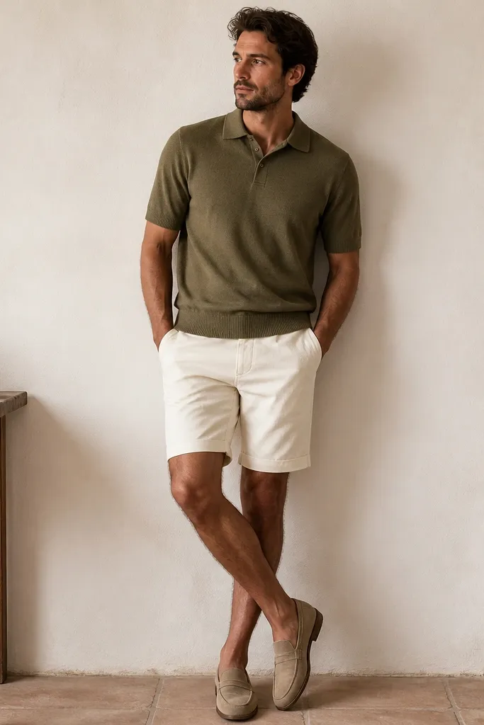 A man wearing an olive knit polo with a slightly textured fabric, paired with cream shorts. The look is clean and casual with a relaxed fit. The outfit is styled with simple loafers.