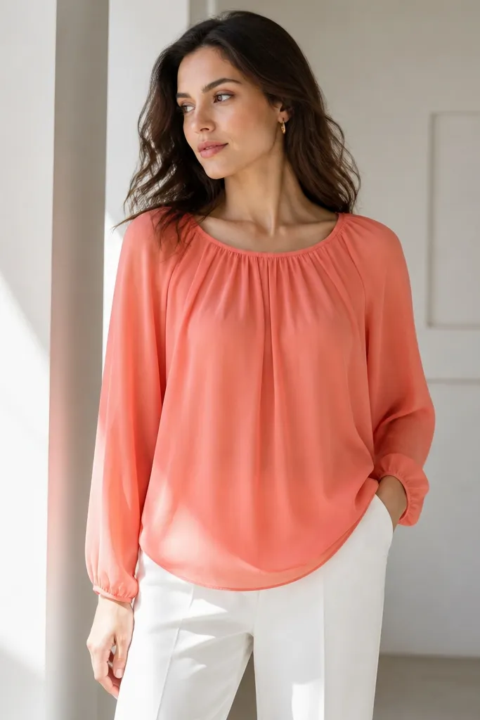 A coral chiffon blouse with a soft drape and a subtle gathered neckline, paired with white tailored trousers. The outfit looks crisp and light, with the blouse floating over the pants.