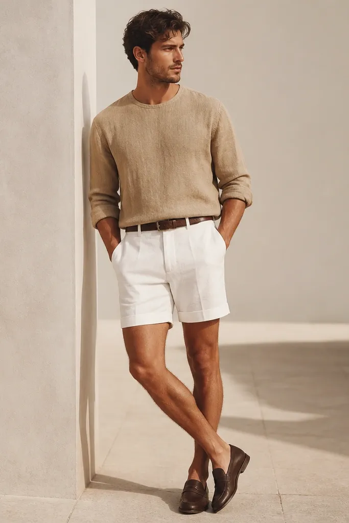 A man wearing a tan linen crewneck shirt with white shorts. The shirt looks breathable with visible linen texture. The styling is clean and minimal with a simple belt and loafers.