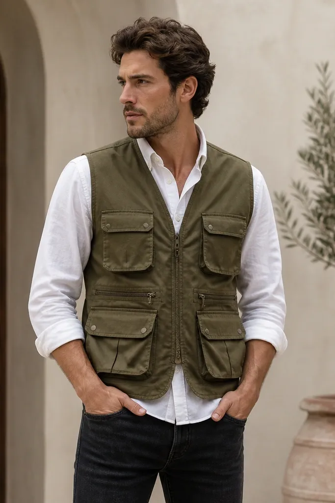 A man wearing an olive utility vest over a white shirt, paired with dark jeans. The vest has multiple pockets and a structured front. The outfit looks practical and styled.