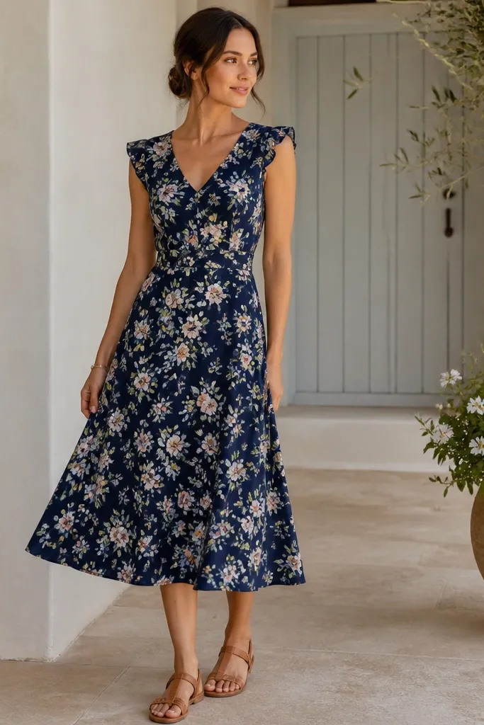 A woman wearing a navy floral A-line dress with a defined waist and a skirt that flares gently. She wears tan sandals with a belt detail. The pattern looks soft, not loud.
