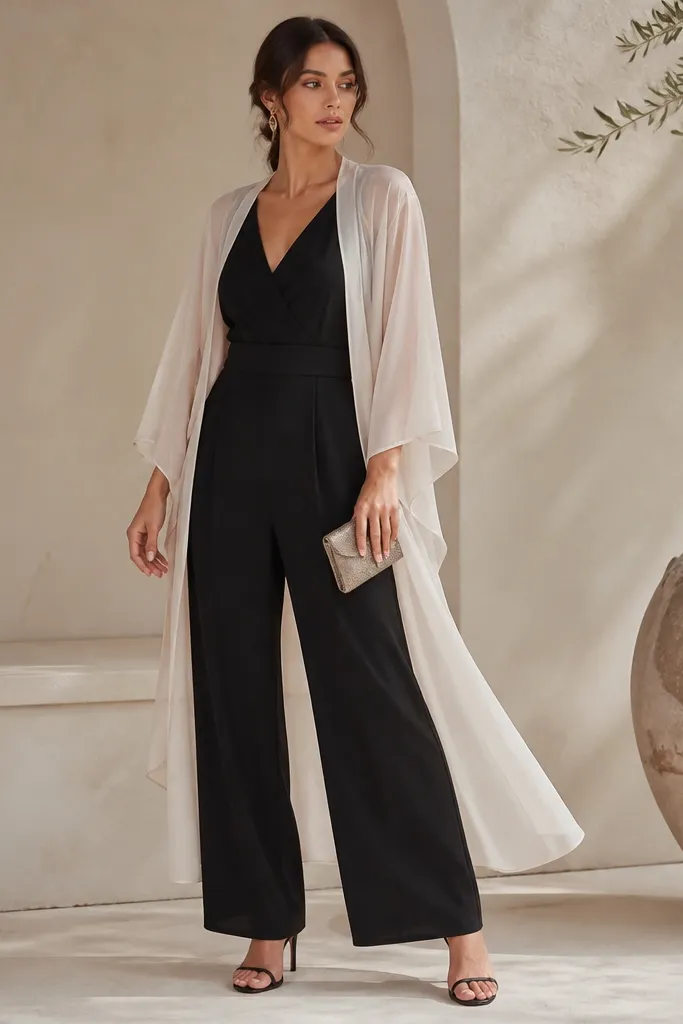 A woman wearing a black jumpsuit with a tailored waist and wide-leg silhouette. Over it, she has a sheer kimono-style layer in a light color. She's styled with strappy heels and a small clutch.