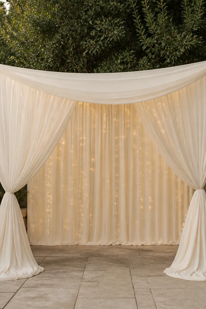 A backyard ceremony space with an ivory fabric canopy stretched between two clamp-on tension rod points, with a floor-length skirt that pools slightly. The skirt is gathered at the front and held down by visible weighted hems, and there are soft white string lights behind.