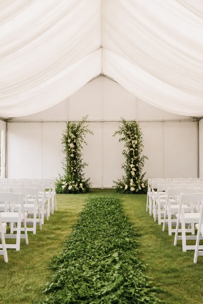 A freestanding wedding tent structure in a backyard with solid off-white side walls and a sheer ivory ceiling. The ceiling fabric hangs in soft panels, and the walls are smooth with minimal wrinkles. There are white folding chairs and a greenery runner on the floor.