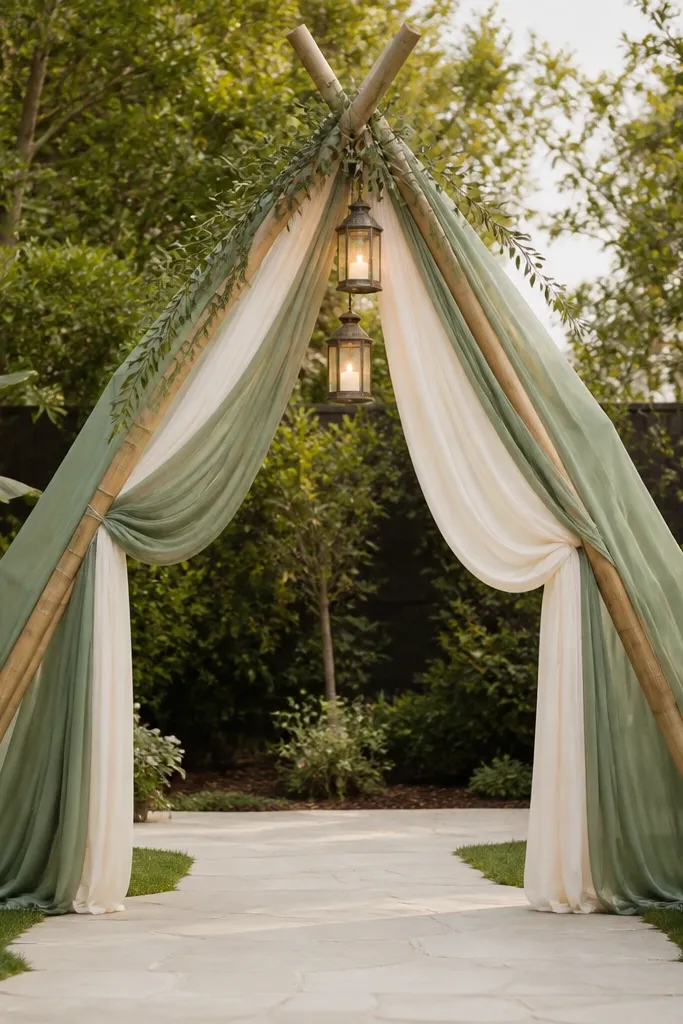 A backyard arch made from bamboo poles arranged in a gentle A-shape over a walkway. Layers of sage green and cream fabric drape down the sides, with small lanterns hanging at the top.