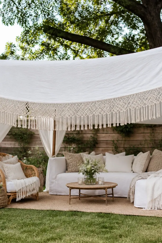 A white linen-look tent stretched on a freestanding frame in a backyard. Along the front edge is a macramé fringe valance in off-white, with small greenery bundles tucked along the sides.