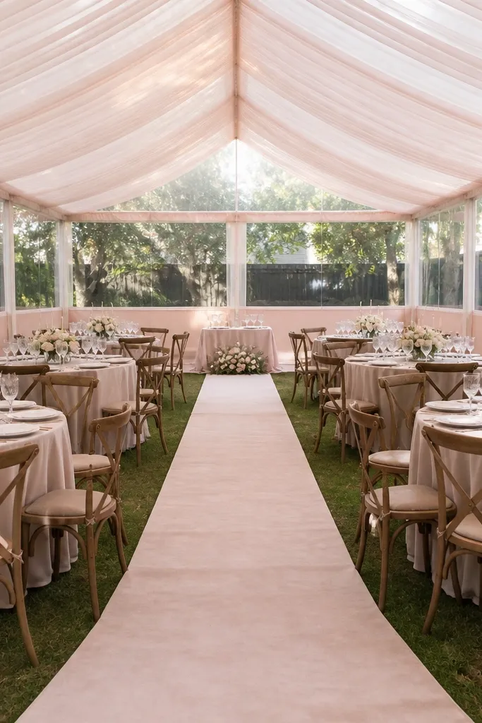 A backyard tent with blush fabric half-walls and clear removable wind panels above them. The ceiling is sheer blush-tinted fabric, and the front has an open aisle with a blush runner.