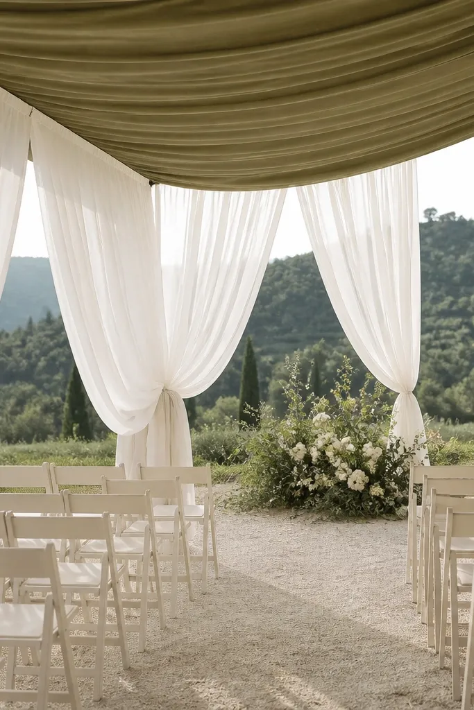 An outdoor tent with an olive-colored ceiling fabric stretched above, and white side curtains hanging down. The curtains are gathered in soft loops at the corners, and there are simple white chairs in front.