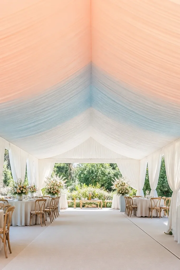 A tent canopy with a pastel ombre gradient - light peach at the front fading into pale blue and then white toward the back. The sides are simple white drapes, and the floor is covered with a light neutral runner.