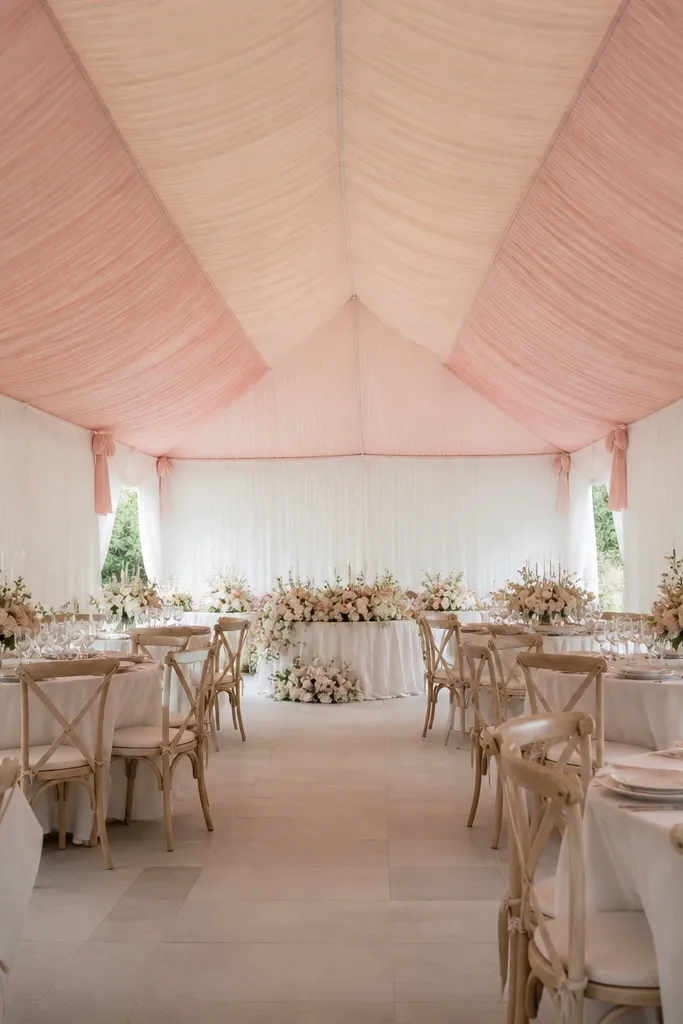 A tent with two-tone blush ceiling panels - lighter blush in the center and deeper blush at the edges. White side walls are smooth, and there are fabric bow accents hanging near the ceiling corners.