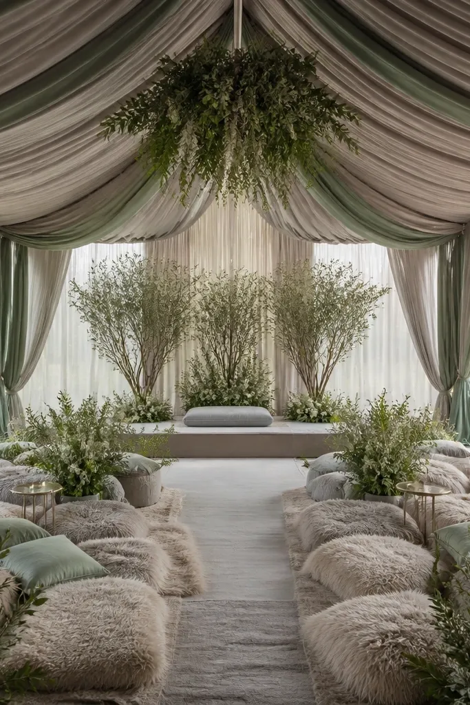 A draped tent with gray fabric and sage accents, plus a faux fur lounge area on the floor inside the tent. The ceremony setup has a small stage area with a soft cushion and simple greenery.