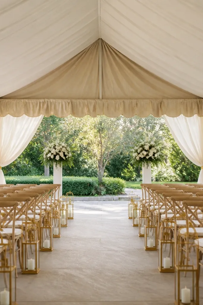 A tent with a champagne fabric front valance and subtle gold curtain tiebacks. The side curtains are ivory and pulled back neatly, and there are small gold candle holders along the aisle.