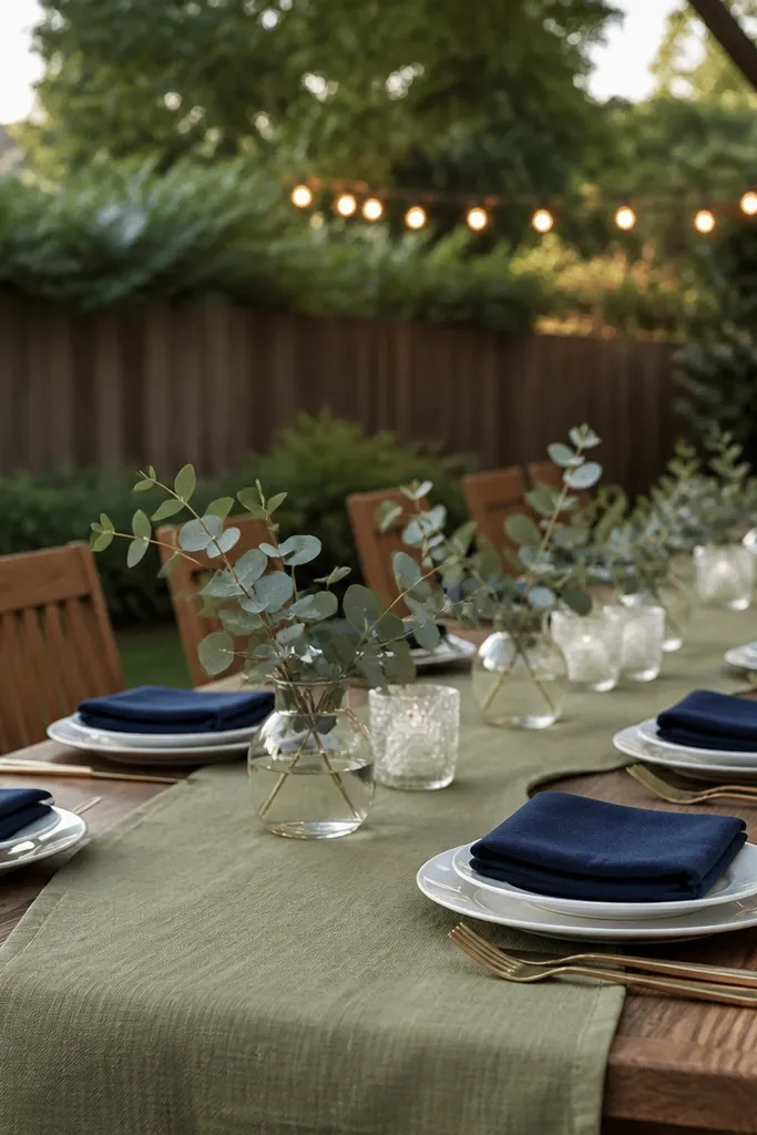 Rectangular backyard table with sage linen runners running down the center, deep navy cloth napkins folded into neat squares, white plates, and small low bud vases with eucalyptus on top; warm string lights blur in the background.