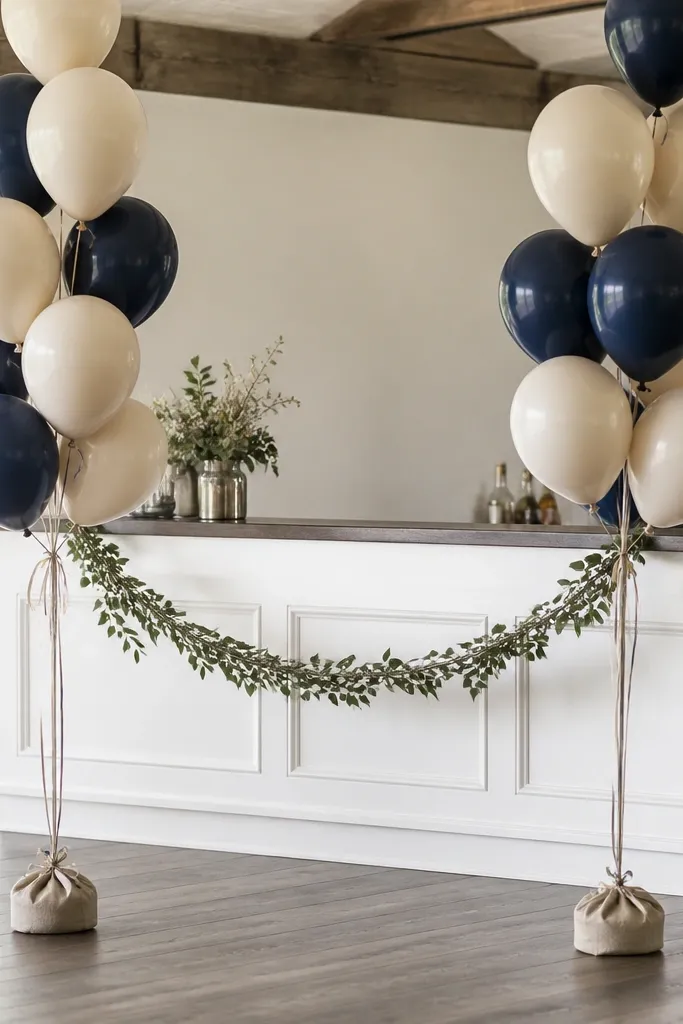Balloon clusters in navy and oatmeal tied in groups, each cluster anchored to a weighted base, with a small garland of greenery between clusters near the bar area.