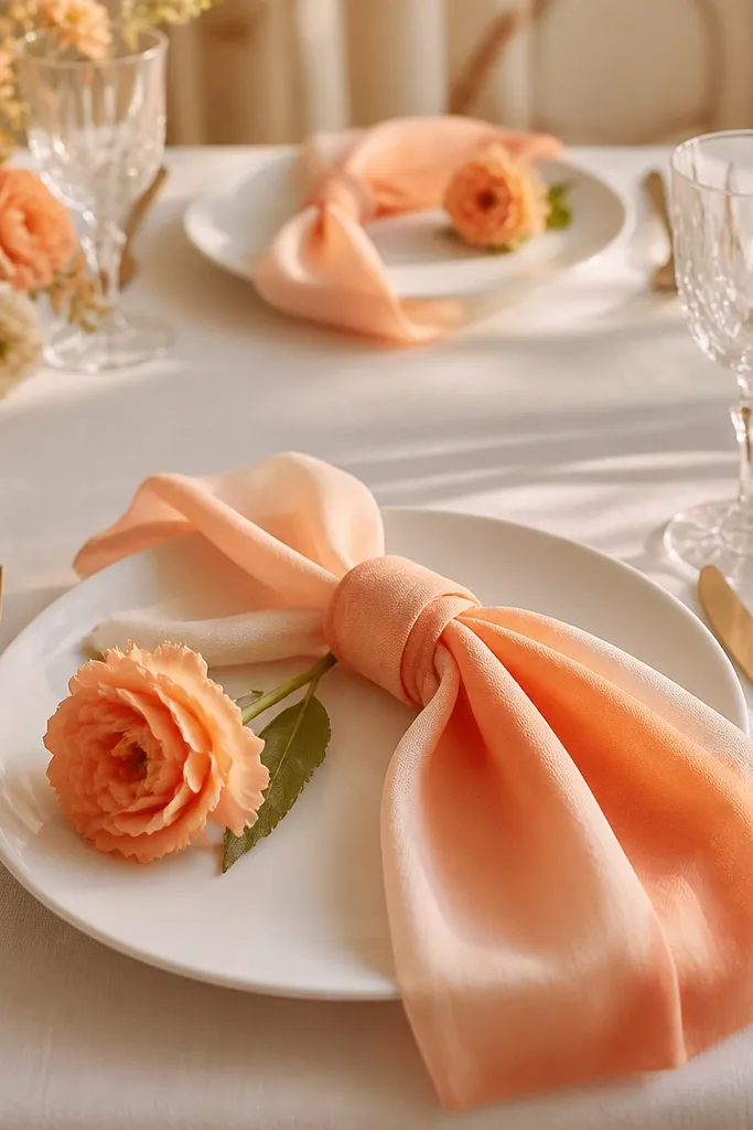 White plates on a table set with peach ombre cloth napkins, a small peach flower on each plate, and a white tablecloth under warm lighting.