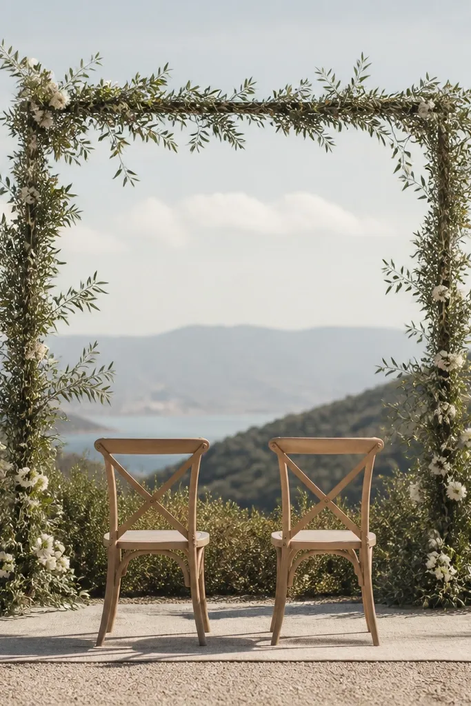 Ceremony area with a lightweight rectangular frame covered in olive branches and subtle white blooms, with two chairs facing the backdrop and a small runner on the ground.