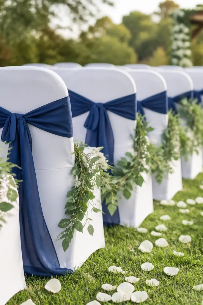 Rows of backyard ceremony chairs wearing white covers with soft navy fabric sashes tied in a bow at the back, with greenery garlands along the sides.