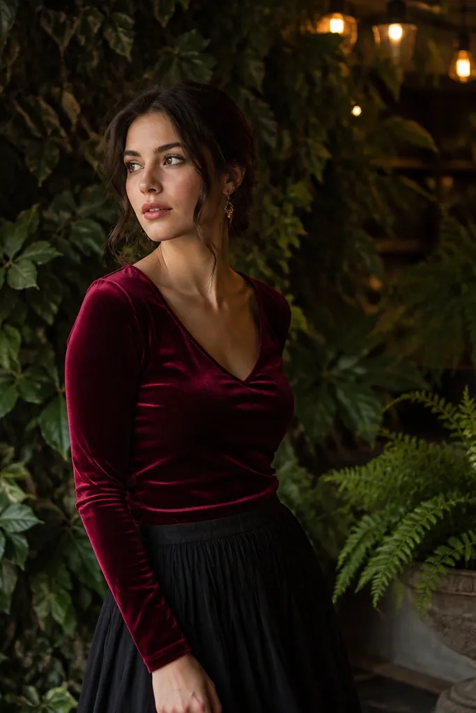 A woman in a garnet velvet top and dark skirt stands near thick green foliage. The warm string lights create highlights on the velvet. The plants look dense and dark, with a few potted ferns nearby.