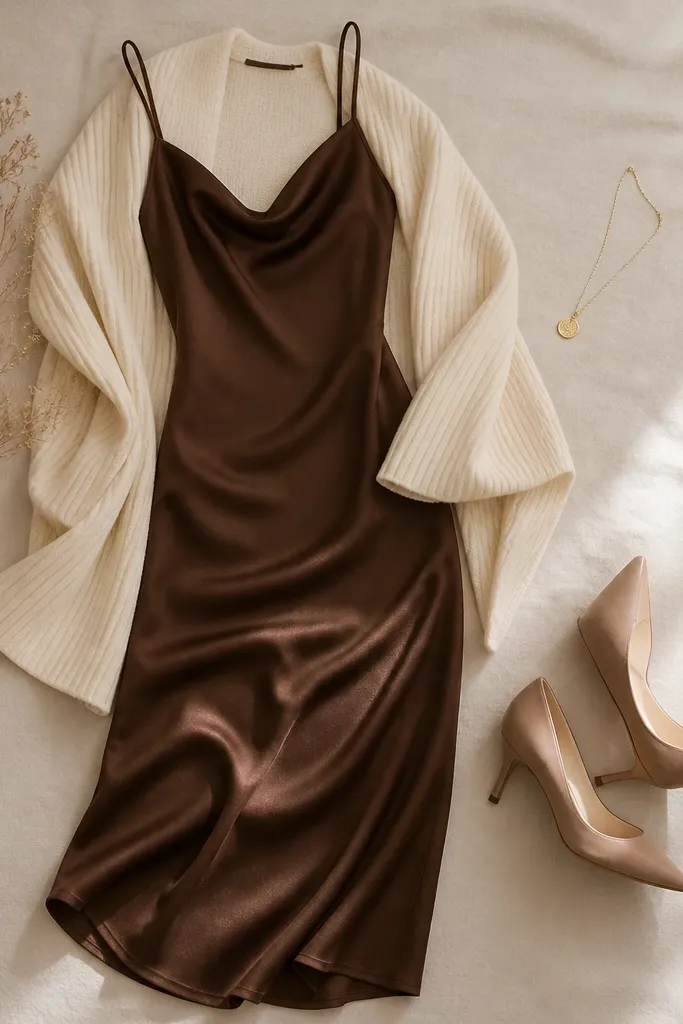 A women's outfit laid out flat: a cocoa-brown satin midi slip dress with thin straps, paired with a cream ribbed knit wrap draped over the shoulders; a small gold pendant and matte nude heels sit beside it.