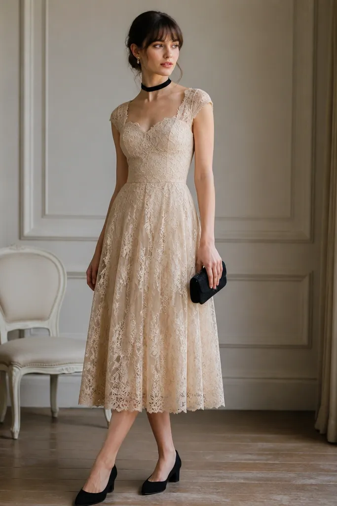 A champagne lace tea-length dress with cap sleeves, paired with a black velvet choker; the photo includes a small clutch and low heeled pumps.